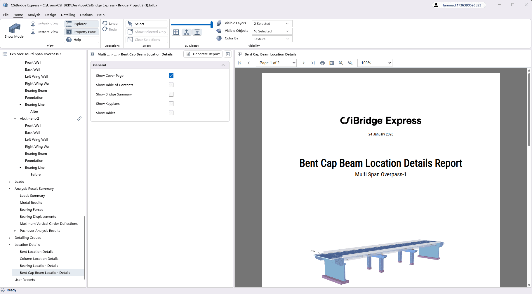 Bent Cap Beam Location Details Report