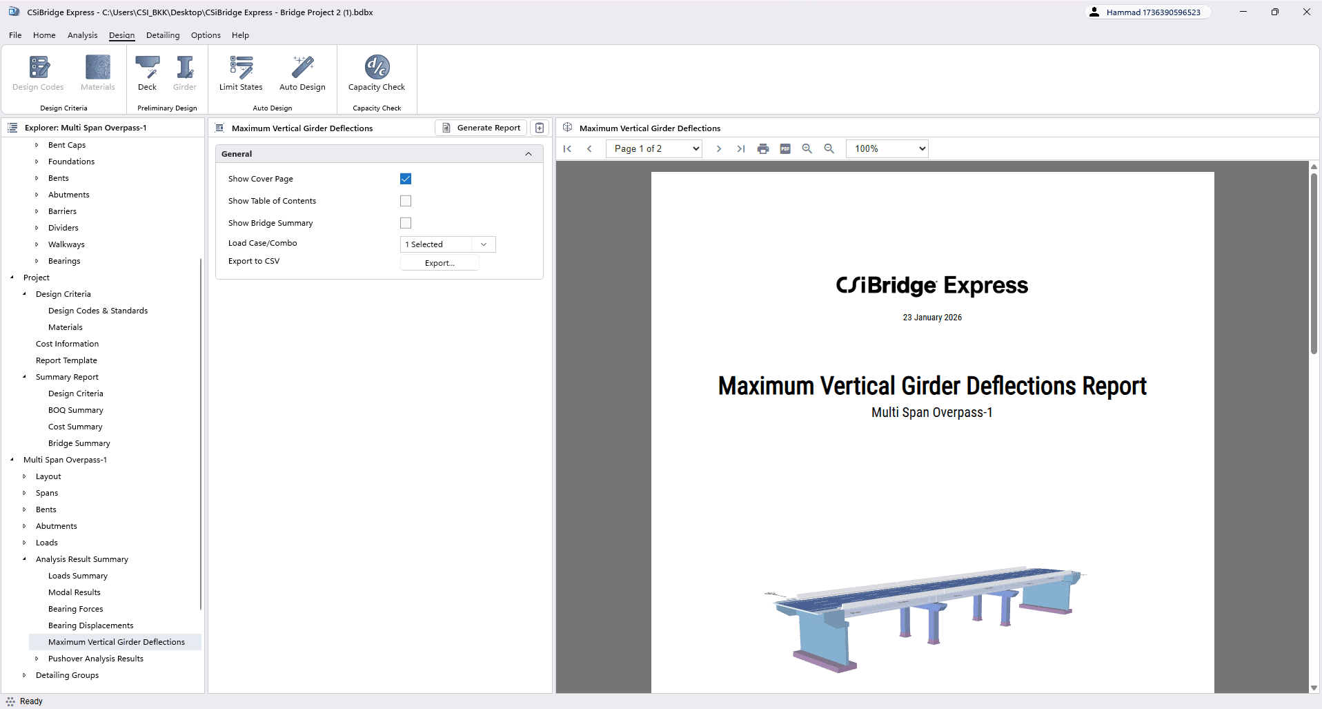 Maximum Vertical Girder Deflections Report